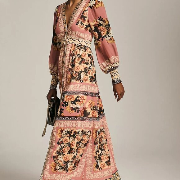 Anthropologie Vineet Bahl Embroidered Long Sleeve Rose Print Dress - Picture 2 of 8